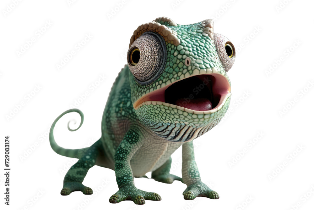 Fototapeta premium Green chameleon with wide eyes and open mouth