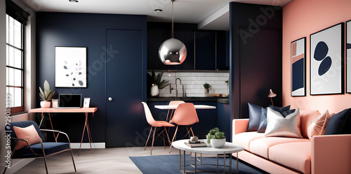 City Sophistication  Loft-style Studio Apartment with Muted Coral  Deep Navy  and Metallic Silver Hues - Contemporary Urban Living