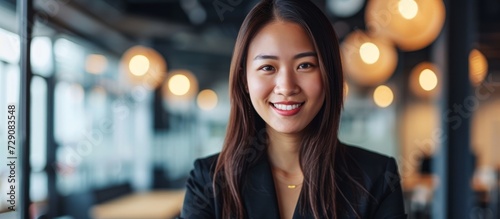 Confident Asian businesswoman smiling and looking at the camera while working in a modern office.