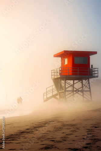 Red lifeguard tower on foggy beach with couple walking by.