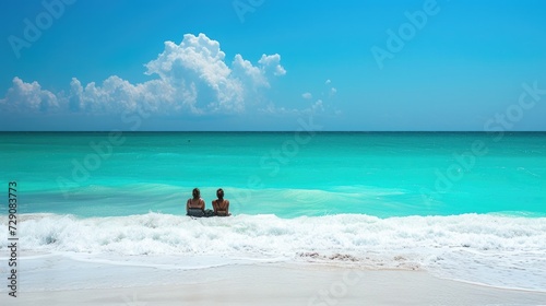 Tourists sitting on a yacht Amidst the sea of white waves Along the pristine white sand beach