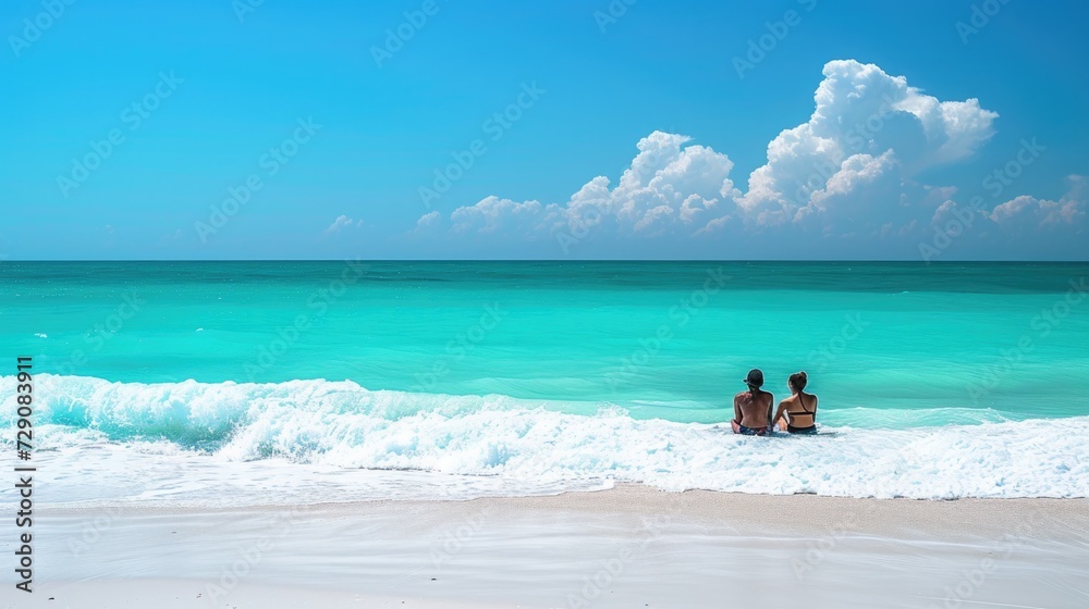 Tourists sitting on a yacht Amidst the sea of white waves Along the pristine white sand beach Tourists sitting on a yacht Amidst the sea of white waves Along the pristine white sand beach