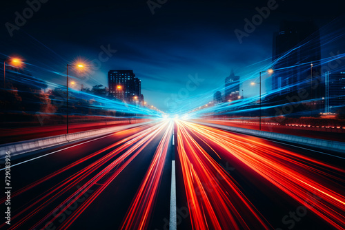 Long exposure photo of city street at night with bright lights.