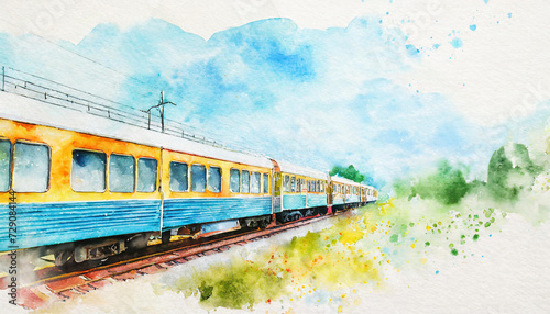 Train on a light background. Vacation and summer holiday concept, illustration, copyspace