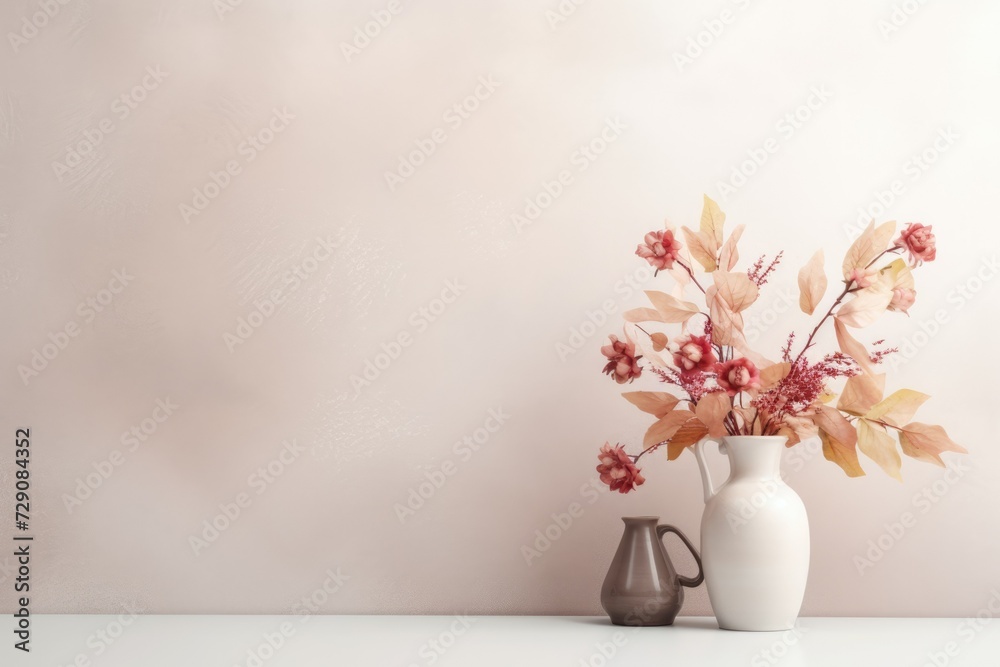 Pastel wall mockup with copy space, decorated in autumn style with a bouquet of leaves Pastel wall mockup with copy space, decorated in autumn style with a bouquet of leaves