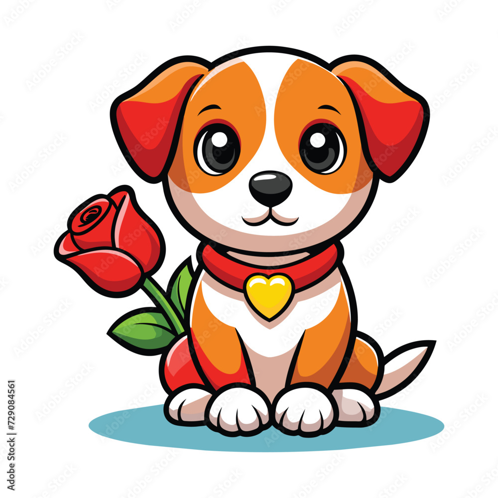 Cute Cartoon Puppy with Rose. Cartoon Valaentine's Day Dog on White. Cute Cartoon Puppy with Rose. Cartoon Valaentine's Day Dog on White.