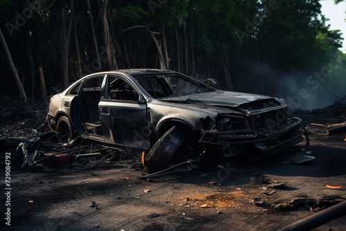 Isolated of the condition of a long black sedan, which was demolished due to an accident, severely collided with another car causing damage until the front tire disappeared, often seen on Thai roads