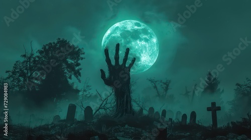 spooky zombie hand background with a cemetery