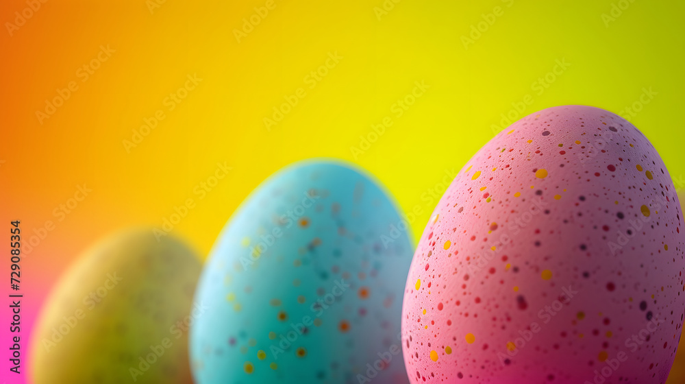 Colorful easter eggs with dots on a bright yellow background. Vibrant colors. Minimal easter background. Close up