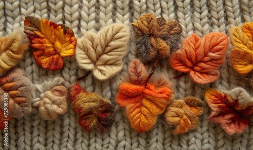 Abstract knitted background, autumn knitted leaves close-up.