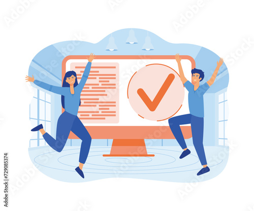 Done job concept. Happy man and woman with check mark sign in computer screen.  flat vector modern illustration 