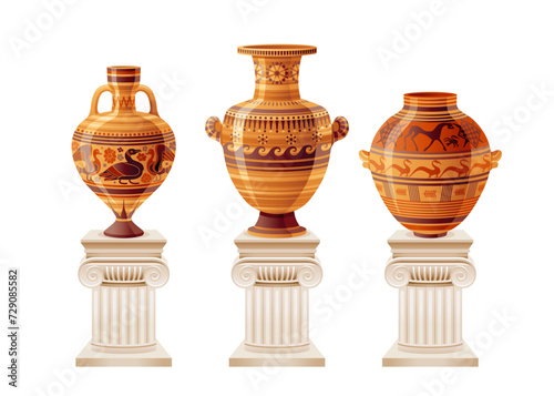 Ancient greek pottery, vases, jars, pots and amphoras. Antique roman ceramic vessels on old white columns. Ancient earthenware with paintings, greek vases on pillars, vector cartoon illustration