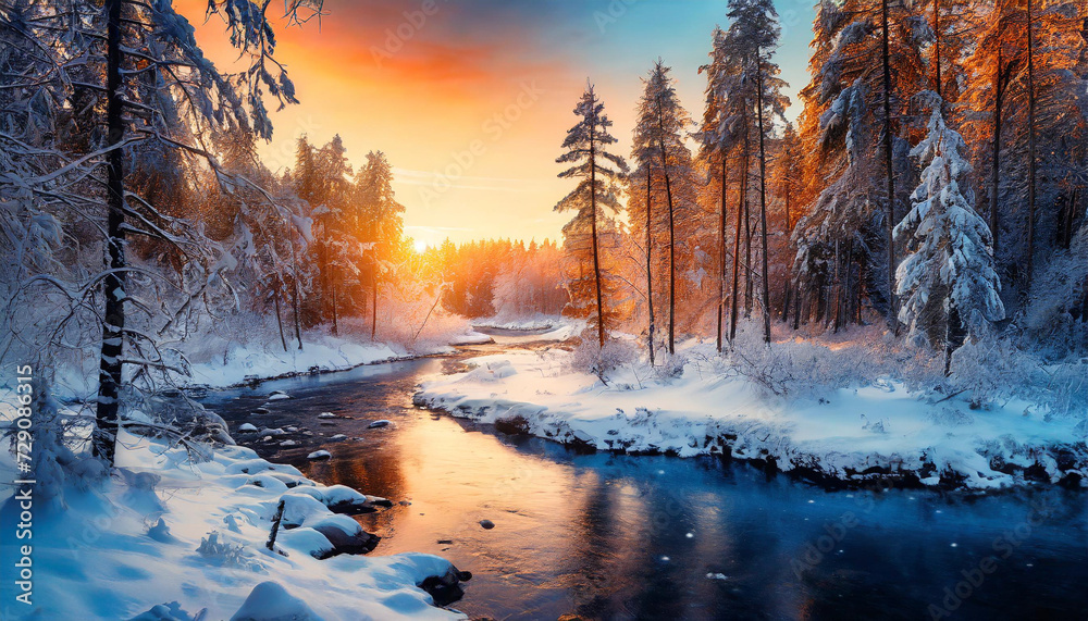 Naklejka premium Winter sunset over snowy forest and river landscape