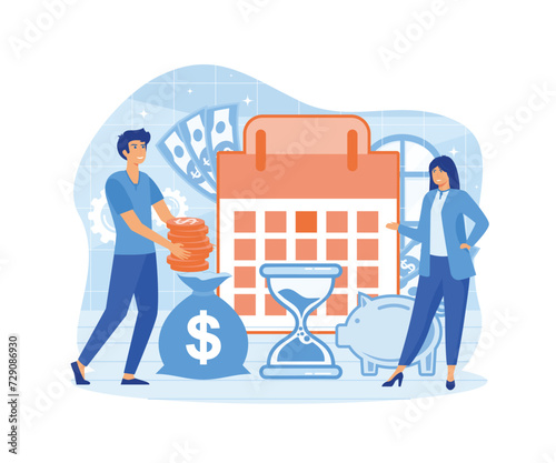 Payday loans concept. Man pays loan at appointed time. Woman indicates payment day on calendar.  flat vector modern illustration 