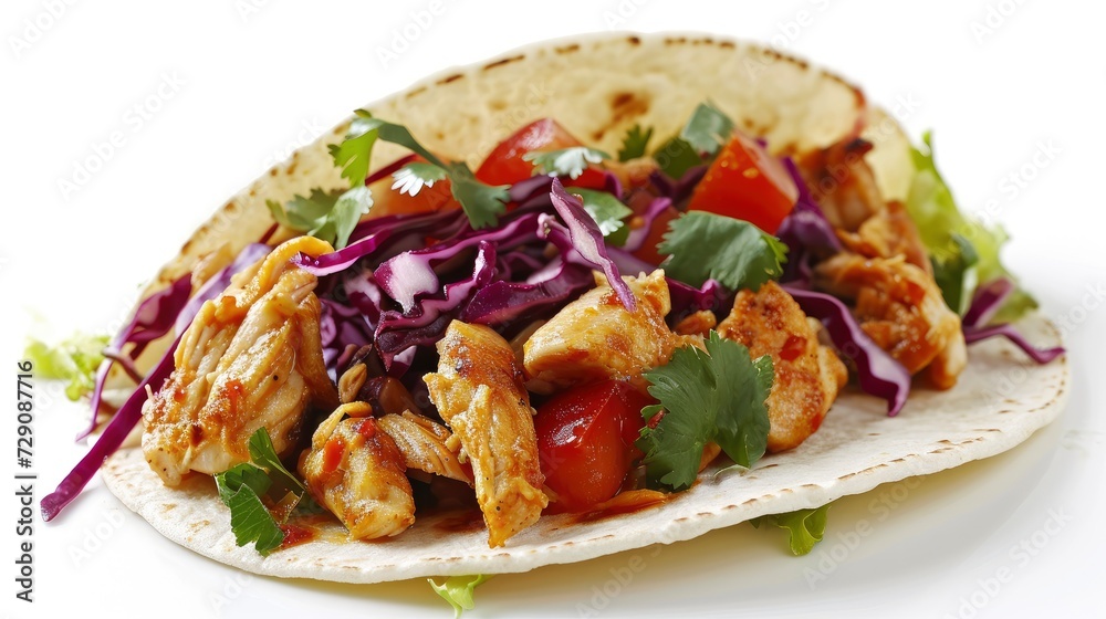 A close-up view of a chicken taco filled with spiced meat, purple cabbage, fresh herbs, and diced tomatoes. A close-up view of a chicken taco filled with spiced meat, purple cabbage, fresh herbs, and diced tomatoes.