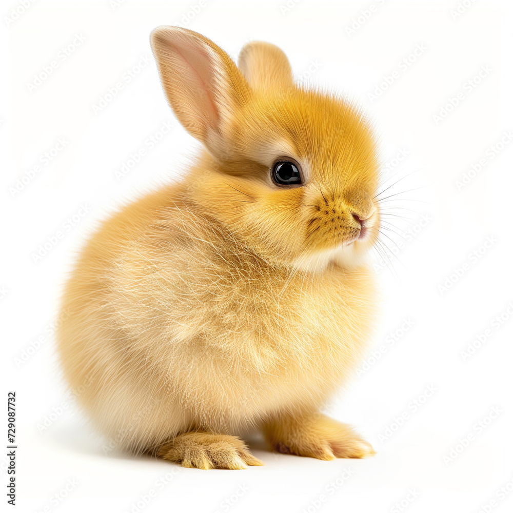 Cute rabbit in yellow chicken feathers on white background. Fantasy animal.