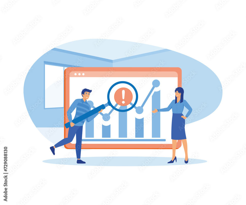 Big Data and Cloud Computing. People using magnifying glass to analyzing large sets of data and recognizing mistakes. flat vector modern illustration 