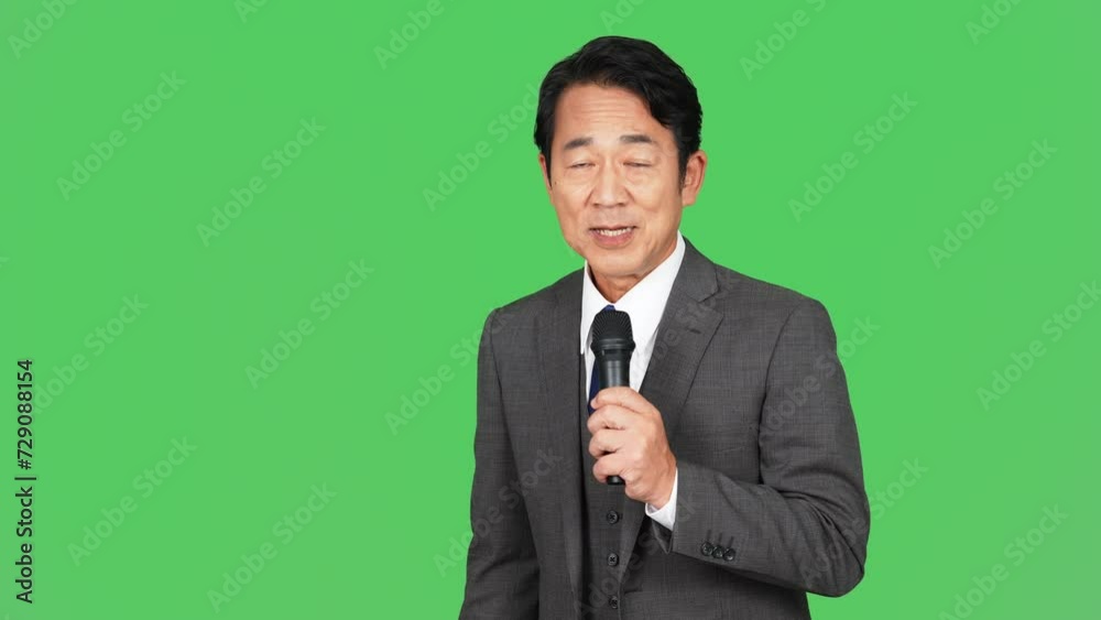 マイクを持って話すミドル男性 クロマキー合成用グリーンバック マイクを持って話すミドル男性 クロマキー合成用グリーンバック