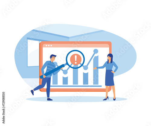 Big Data and Cloud Computing. People using magnifying glass to analyzing large sets of data and recognizing mistakes. flat vector modern illustration 