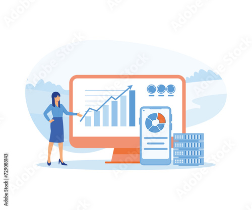 Big Data and Cloud Computing. Businesswoman using remote servers to analyzing large sets of data and recognizing mistakes. flat vector modern illustration 