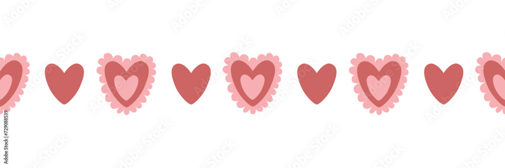 Seamless valentines day border. Sweet hearts. Isolated vector illustration. For websites, greeting cards, packaging