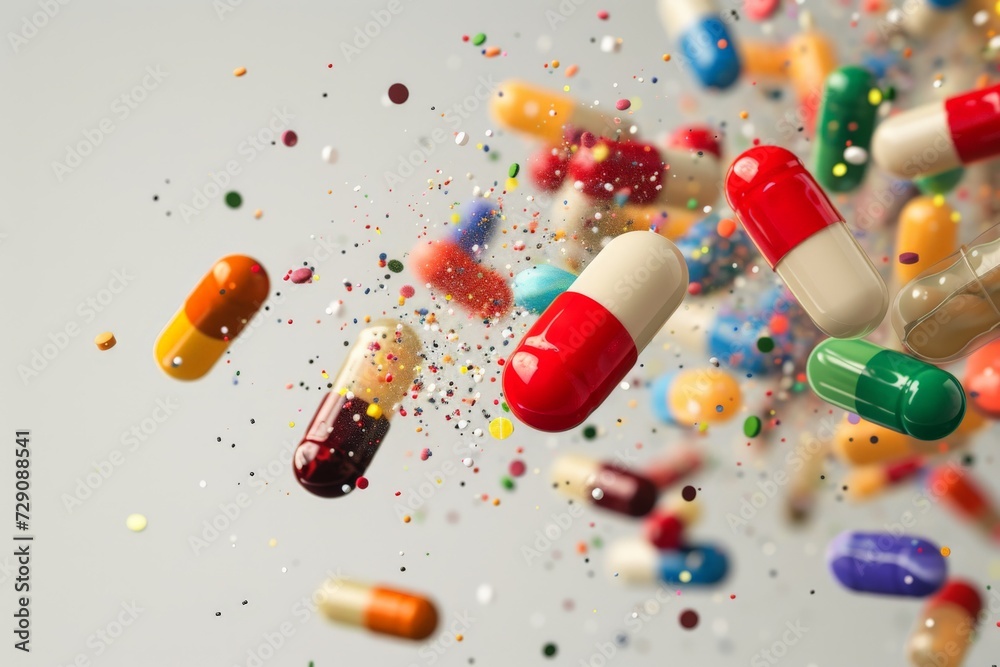 Medicine pharmaceuticals healthcare, healthy flying pills capsules ailments. Health cure illnesses. Risk of explosion, drugs carefully prescribed and isolated. White tablets pain relief painkillers. Medicine pharmaceuticals healthcare, healthy flying pills capsules ailments. Health cure illnesses. Risk of explosion, drugs carefully prescribed and isolated. White tablets pain relief painkillers.