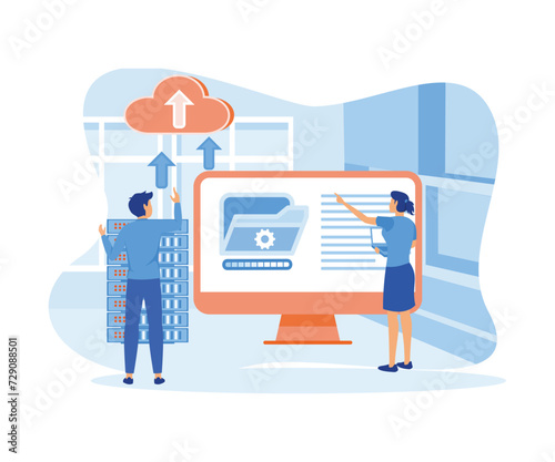 Cloud computing concept. Man and woman analyzing data center on computer screen. flat vector modern illustration 
