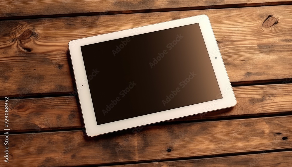 Top view with perspective of white tablet with blank black screen on brown wooden surface. Generative AI. Top view with perspective of white tablet with blank black screen on brown wooden surface. Generative AI.