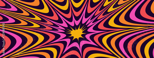 Hypnotic dynamite explosion tunnel horizontal banner background. Trendy groovy style bright anime manga comic explosive background. Psychedelic 70s cartoon banner. Cute retro abstract y2k backdrop