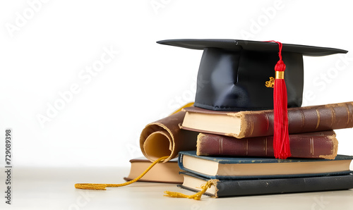 Graduation hat with diploma and books on dark table against white background