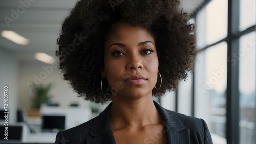 portrait of a black woman with an afro hairstyle standing by a window in an office
