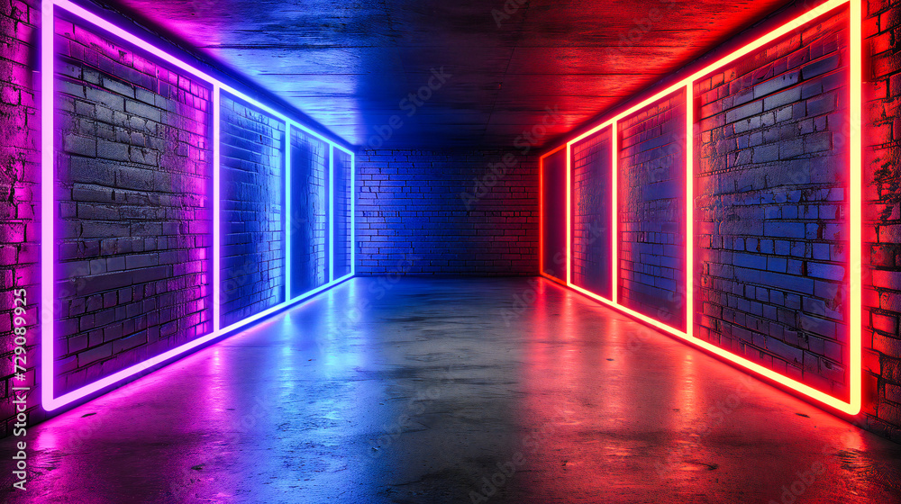 Futuristic neon-lit room with a corridor perspective, showcasing a vibrant and abstract design in a modern, illuminated, and technological space