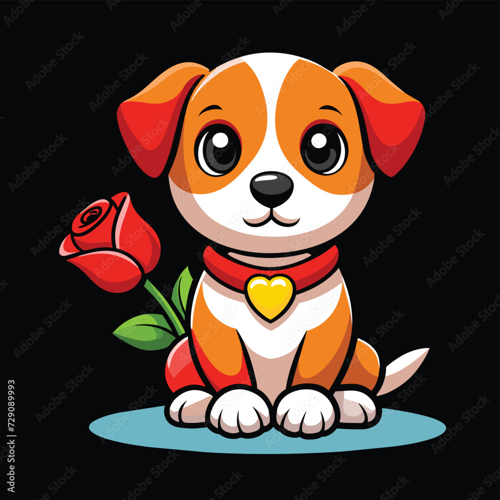 Obraz premium Cute Cartoon Puppy with Rose. Cartoon Valaentine's Day Dog on Black. 