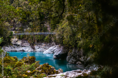 panorama of famous hokitika gorge in new zealand south island  west coast  unique river with blue water from glacier in new zealand alps