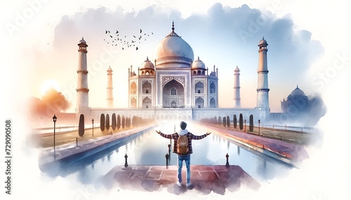 Watercolor llustration of a man with open arms standing in front of a taj mahal.