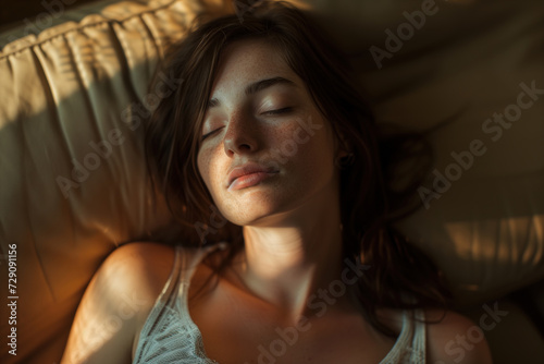 Calm woman sleeping in a cozy bedroom, bathed in the soft, warm light of the evening sun