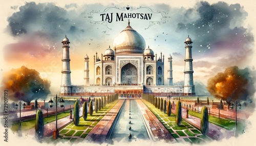 Watercolor painting of the taj mahal during the taj mahotsav.