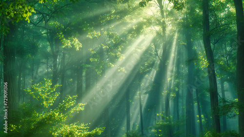 Sunlit forest with vibrant green trees, creating a magical and serene landscape with sunbeams piercing through the foliage in a peaceful natural setting