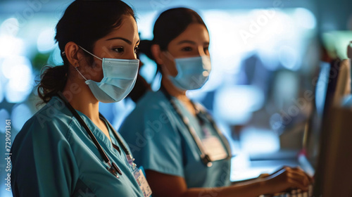 Two female healthcare professionals in scrubs and surgical masks, closely examining something on a computer monitor in a medical setting. photo