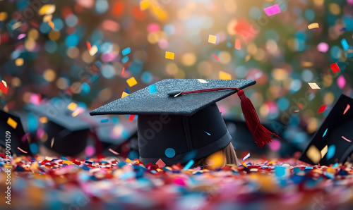 Graduation Cap with Confetti Background, Graduation Day Concept