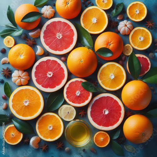 citrus fruits  oranges  grapefruit on a blue background