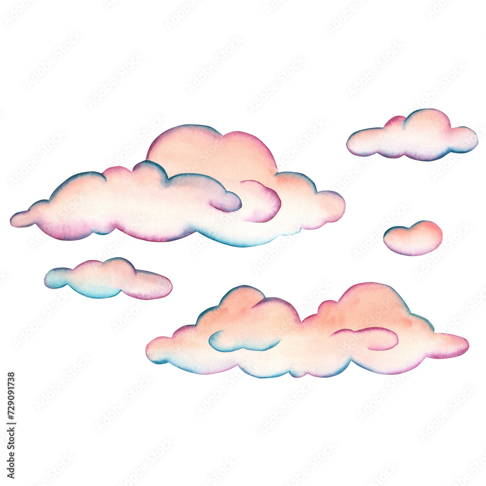 Watercolor pink clouds, rainbow sky, clipart on a white background. An illustration for the design of children's decor, textiles, wallpaper, gift packaging