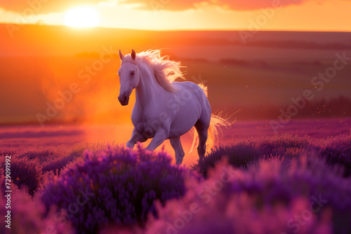 A beautiful horse galloping across a lavender field at sunset.