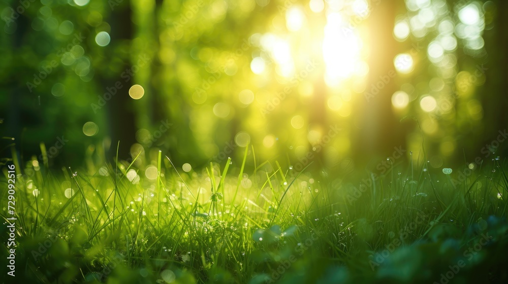 Defocused green trees in forest or park with wild grass and sun beams. Beautiful summer spring natural background. Defocused green trees in forest or park with wild grass and sun beams. Beautiful summer spring natural background.