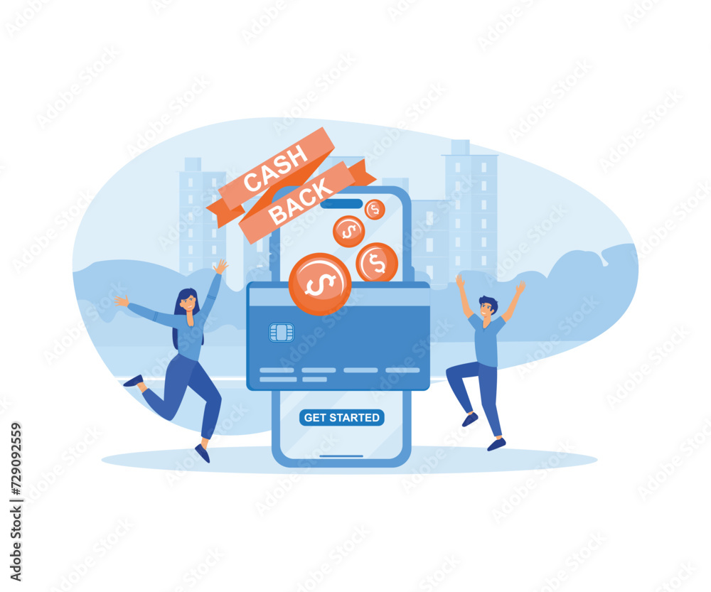 Online cash back or money refund concept. Happy people receiving cash back for shopping. flat vector modern illustration Online cash back or money refund concept. Happy people receiving cash back for shopping. flat vector modern illustration