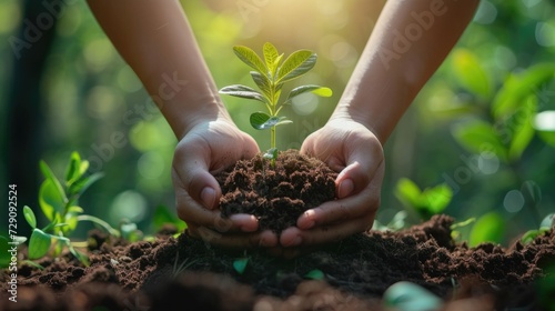 people holding seedlings To bring nature back In an innovative page design format. Rear focus button dark green and white