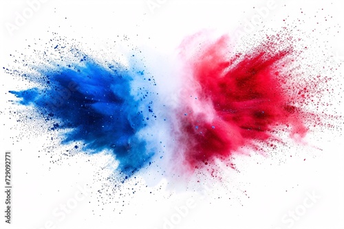 Vibrant tricolor French flag bursting with blue, white, and red holi powder on a separate backdrop; embodies French culture, soccer, and vacation. photo