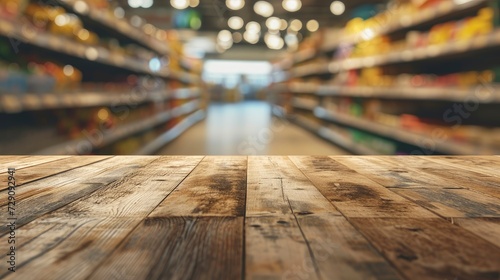 Wooden tabletop over blurred background of supermarket aisle, ideal for product display.