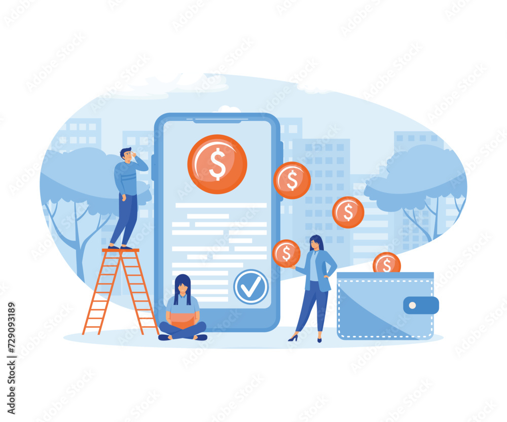 Cash back concept. Group of people and mobile phone with wallet and moving gold coins. flat vector modern illustration Cash back concept. Group of people and mobile phone with wallet and moving gold coins. flat vector modern illustration