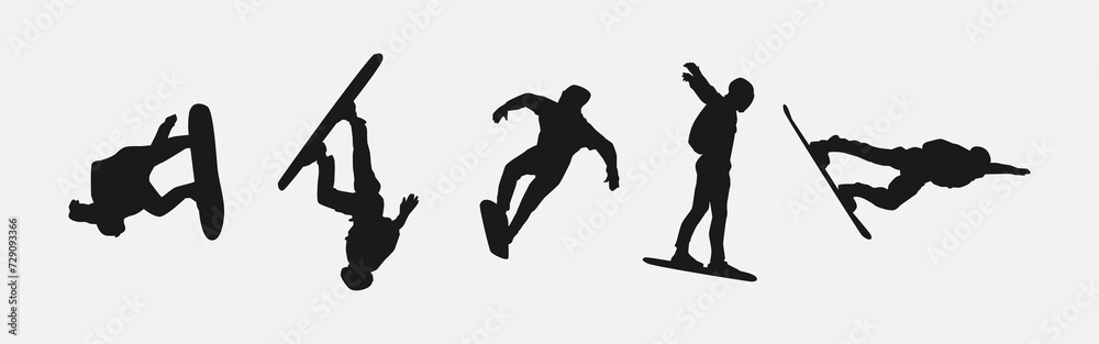 Vector set silhouettes of skysurfing. Extreme sport, sky dive. Isolated on white background. Vector set silhouettes of skysurfing. Extreme sport, sky dive. Isolated on white background.